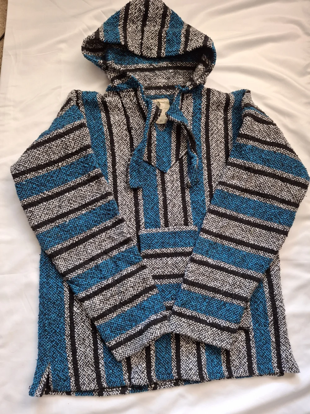 Oxxi Craft Mexican Baja Hoodie Turquoise Black Gray Woven Pullover